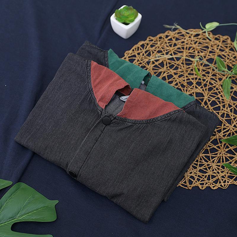 French Patchwork Cotton Summer Blouse Neckline Green Hooded Tops