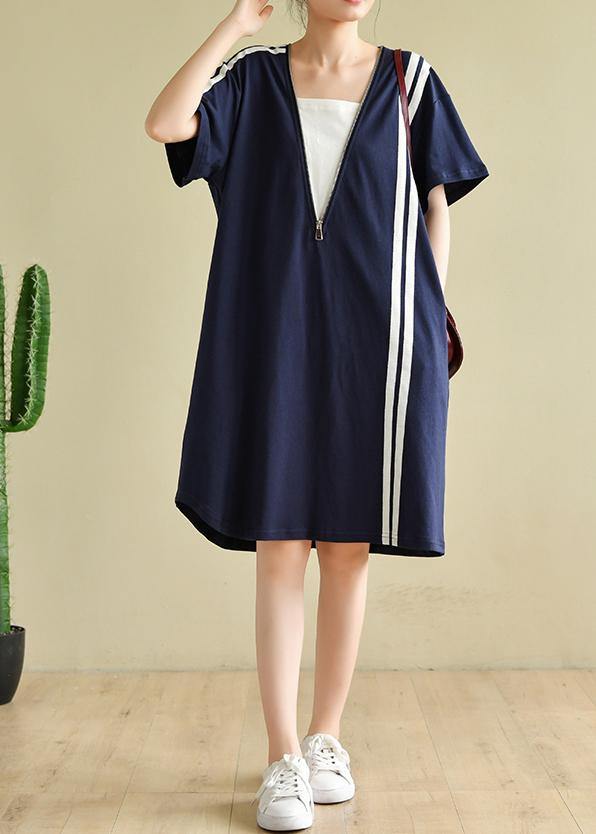 French Patchwork Zippered Clothes Tunic Tops Navy Dress