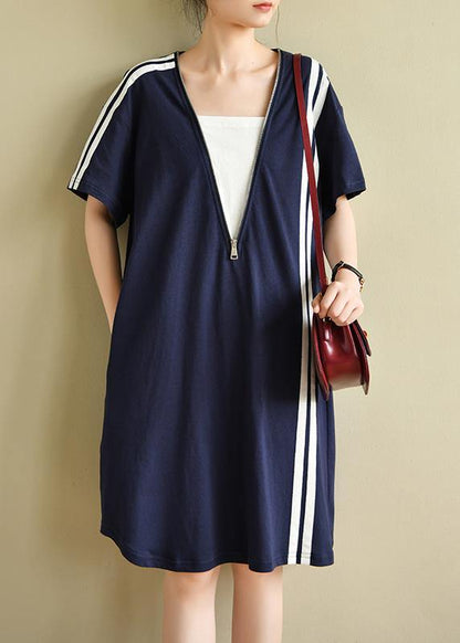 French Patchwork Zippered Clothes Tunic Tops Navy Dress