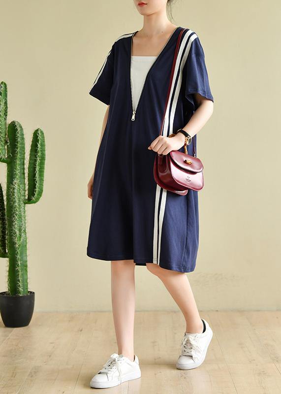 French Patchwork Zippered Clothes Tunic Tops Navy Dress