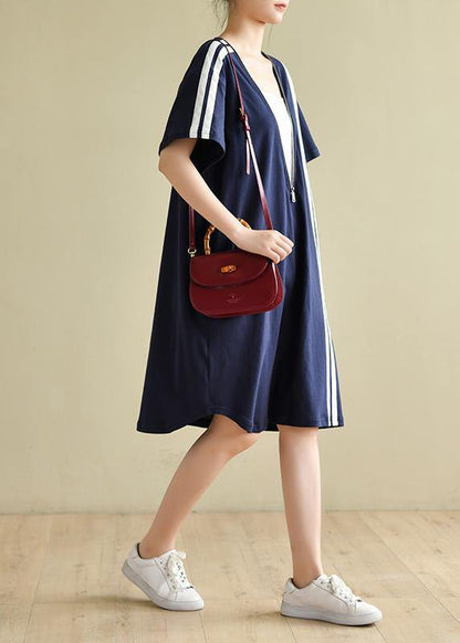 French Patchwork Zippered Clothes Tunic Tops Navy Dress