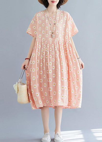 French Pink Daisy Print Outfit O Neck Daily Summer Dresses
