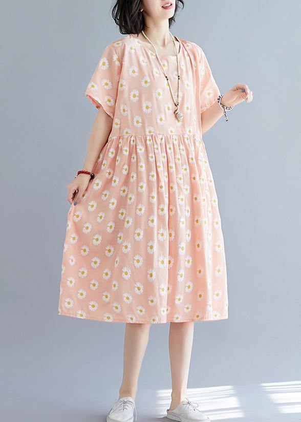 French Pink Daisy Print Outfit O Neck Daily Summer Dresses