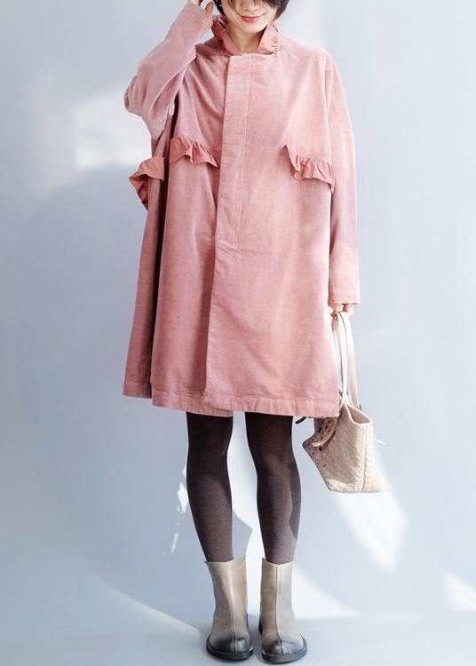 French Pink Trench Coat Sewing Side Open Ruffles Collar Jackets