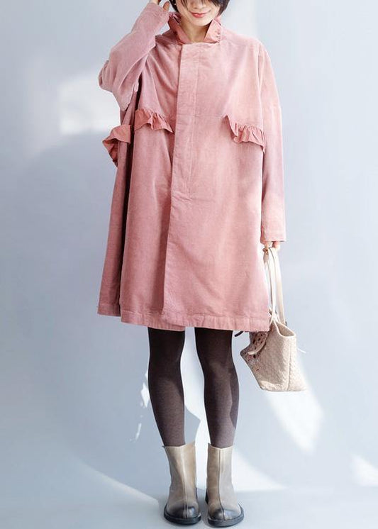 French Pink Trench Coat Sewing Side Open Ruffles Collar Jackets