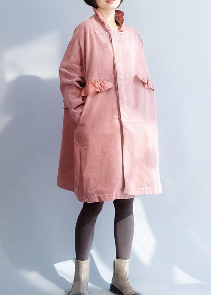 French Pink Trench Coat Sewing Side Open Ruffles Collar Jackets