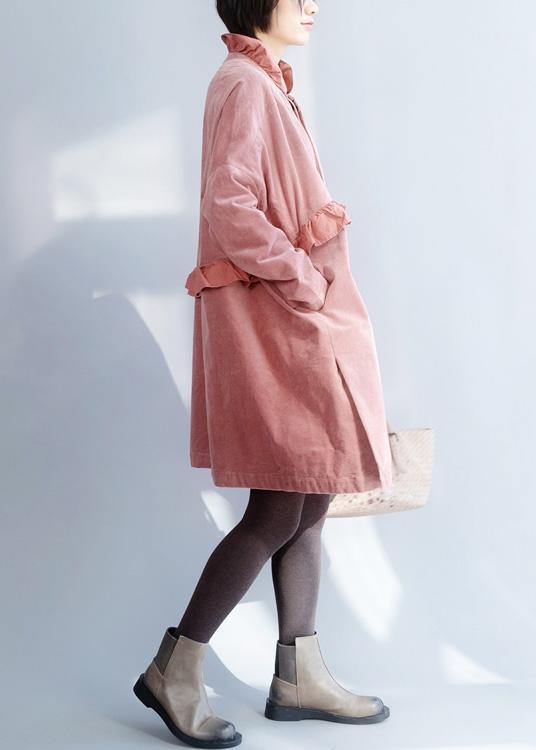French Pink Trench Coat Sewing Side Open Ruffles Collar Jackets