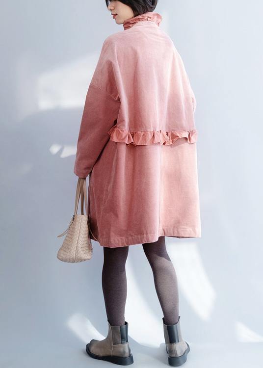 French Pink Trench Coat Sewing Side Open Ruffles Collar Jackets