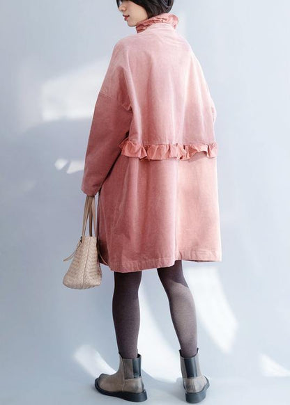 French Pink Trench Coat Sewing Side Open Ruffles Collar Jackets