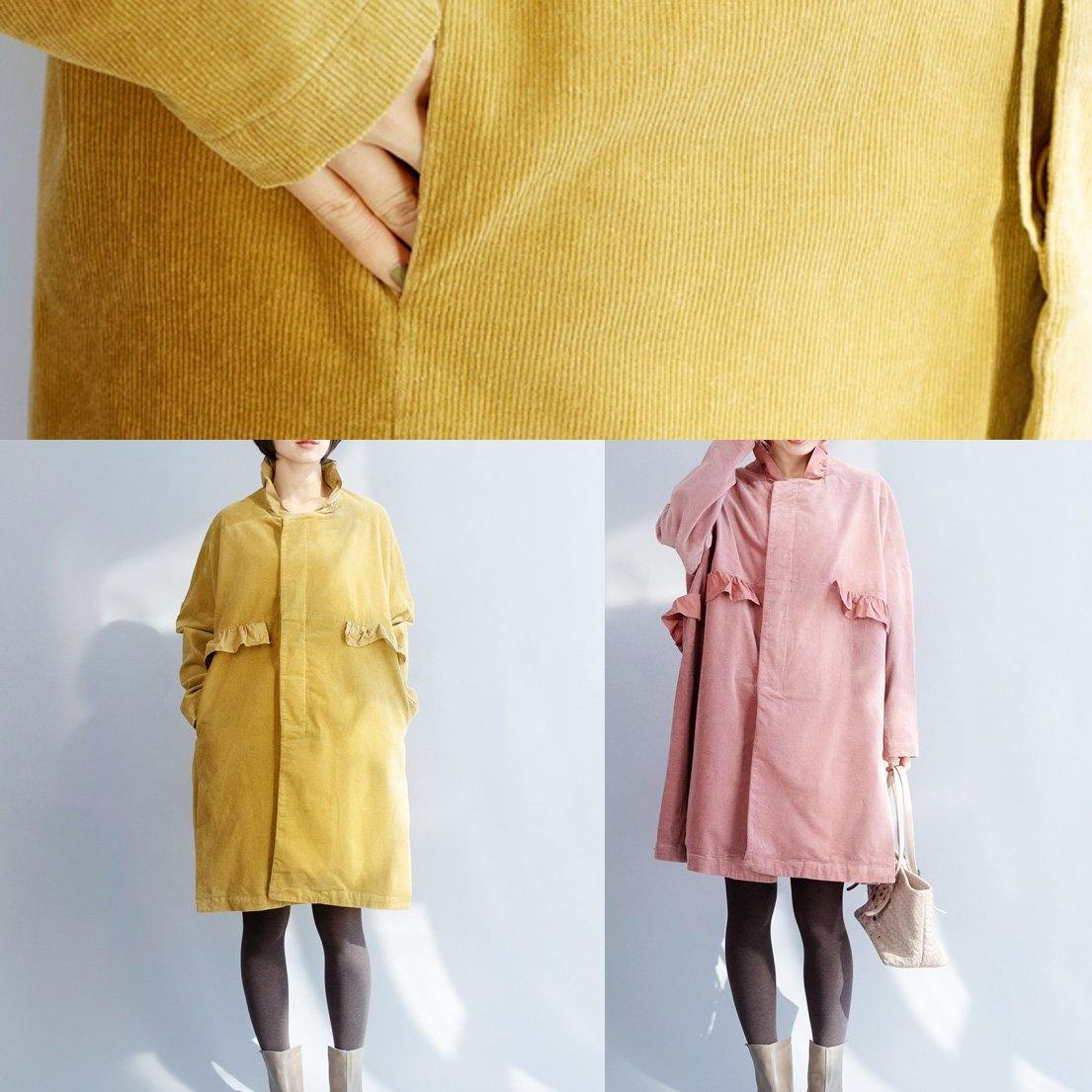 French Pink Trench Coat Sewing Side Open Ruffles Collar Jackets