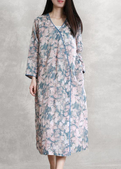 French Pink Blue Print Quilting Dresses V Neck Asymmetric Dresses