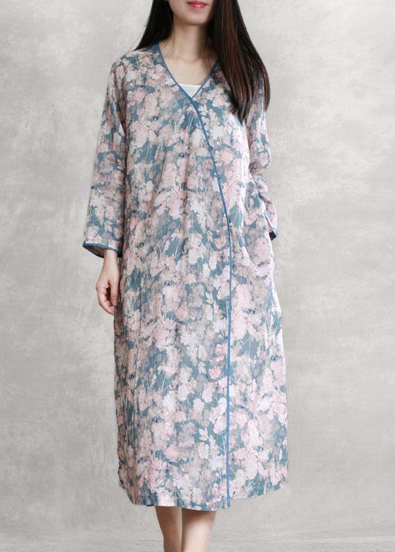 French Pink Blue Print Quilting Dresses V Neck Asymmetric Dresses