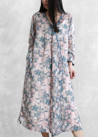 French Pink Blue Print Quilting Dresses V Neck Asymmetric Dresses