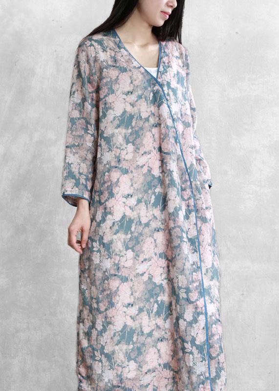 French Pink Blue Print Quilting Dresses V Neck Asymmetric Dresses