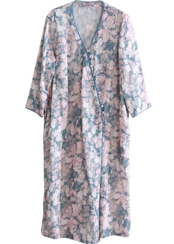 French Pink Blue Print Quilting Dresses V Neck Asymmetric Dresses
