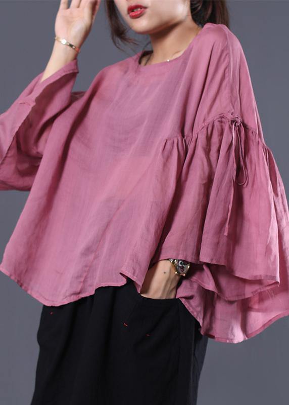 French Pink Linen Tunic Top Ruffles Sleeve Daily Summer Tops