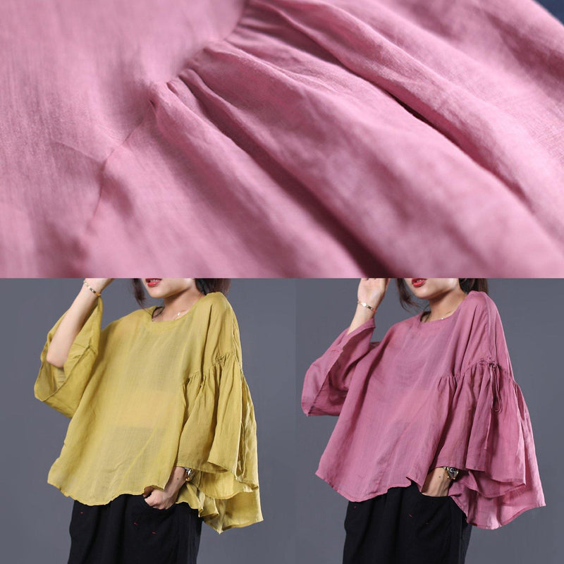 French Pink Linen Tunic Top Ruffles Sleeve Daily Summer Tops