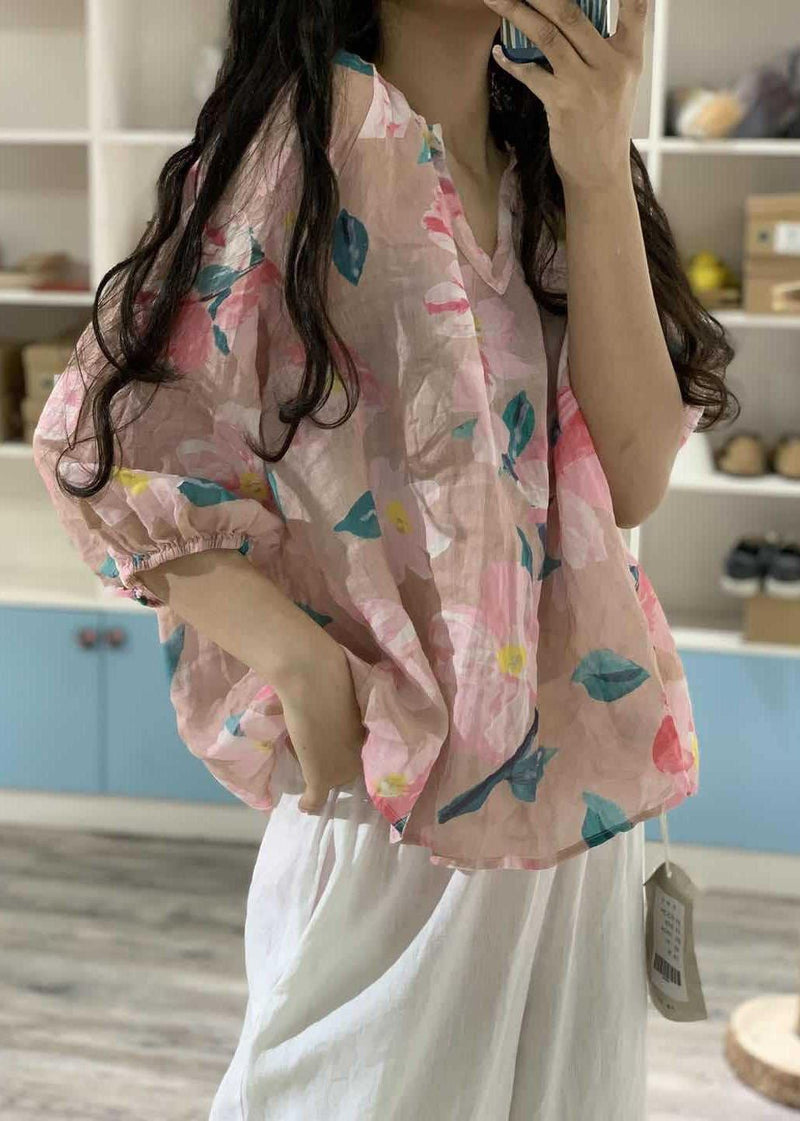 French Pink Prints Linen Top Silhouette V Neck Silhouette Fall Shirt
