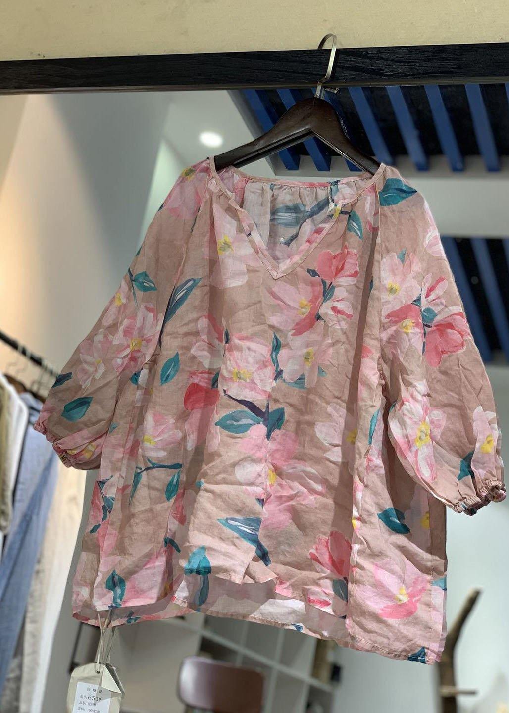 French pink prints linen top silhouette v neck silhouette fall shirt