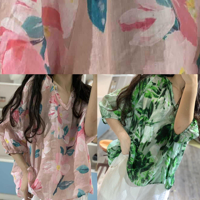 French Pink Prints Linen Top Silhouette V Neck Silhouette Fall Shirt