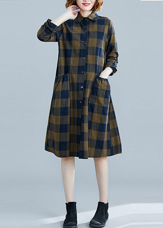 French Plaid Cotton Clothes Lapel Pockets Daily Spring Dresses