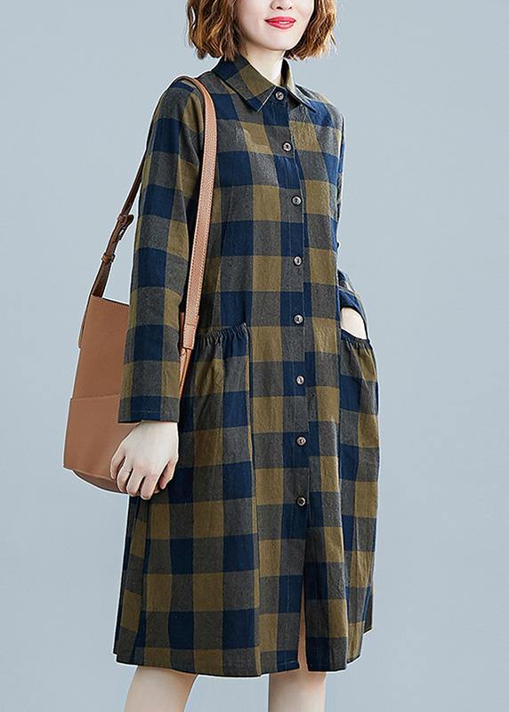 French Plaid Cotton Clothes Lapel Pockets Daily Spring Dresses