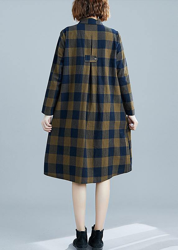 French Plaid Cotton Clothes Lapel Pockets Daily Spring Dresses