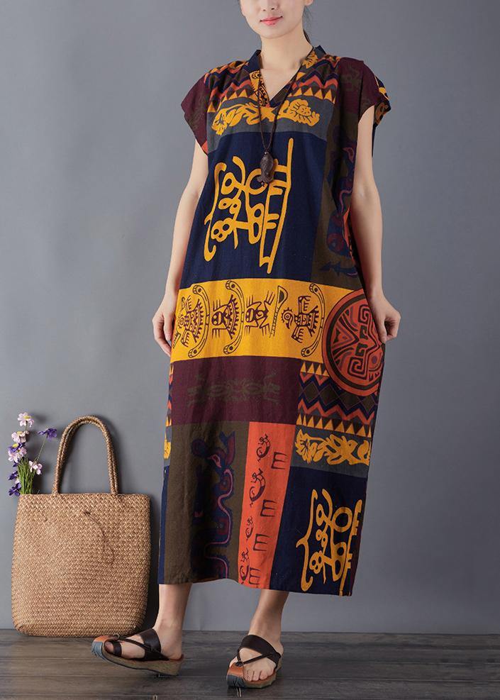French Print Cotton Quilting Clothes V Neck Maxi Summer Dresses