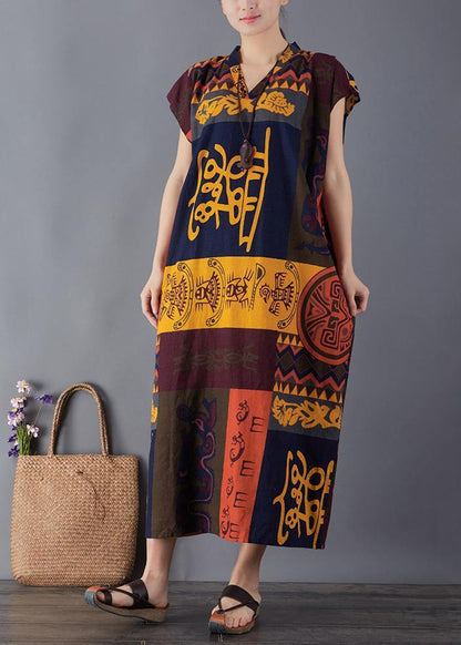 French Print Cotton Quilting Clothes V Neck Maxi Summer Dresses