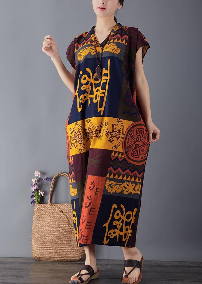 French Print Cotton Quilting Clothes V Neck Maxi Summer Dresses