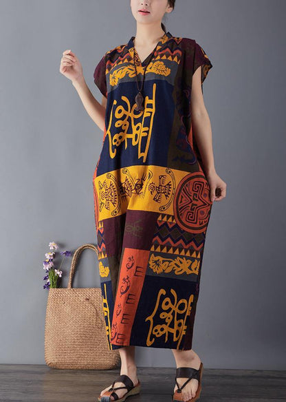 French Print Cotton Quilting Clothes V Neck Maxi Summer Dresses