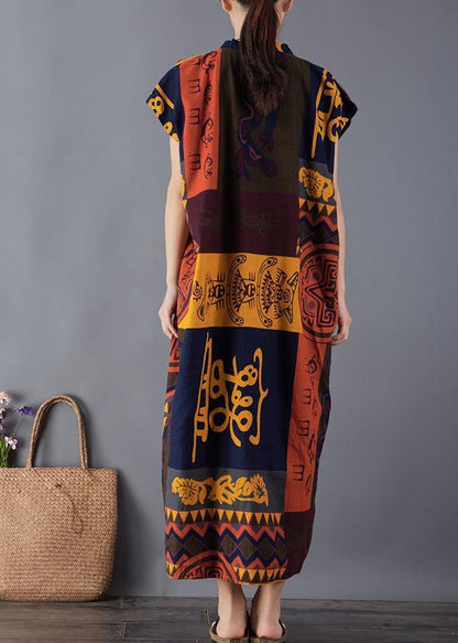 French Print Cotton Quilting Clothes V Neck Maxi Summer Dresses