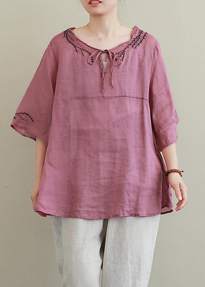 French Purple Embroidery Linen Blouse O Neck Midi Shirts