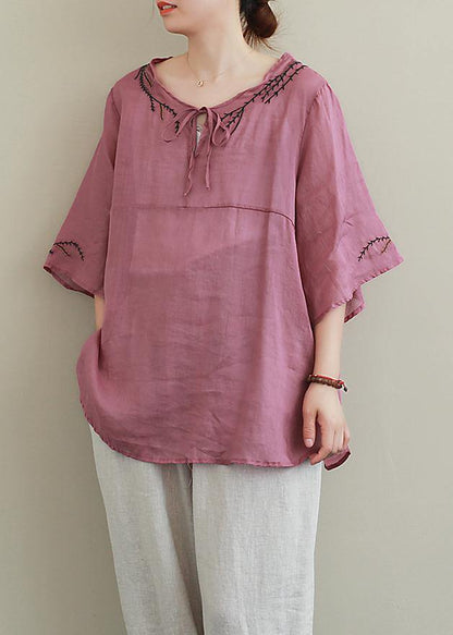 French Purple Embroidery Linen Blouse O Neck Midi Shirts