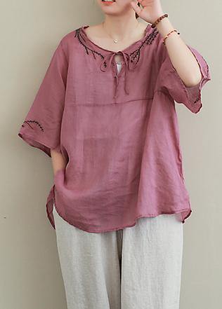 French Purple Embroidery Linen Blouse O Neck Midi Shirts