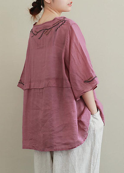 French Purple Embroidery Linen Blouse O Neck Midi Shirts