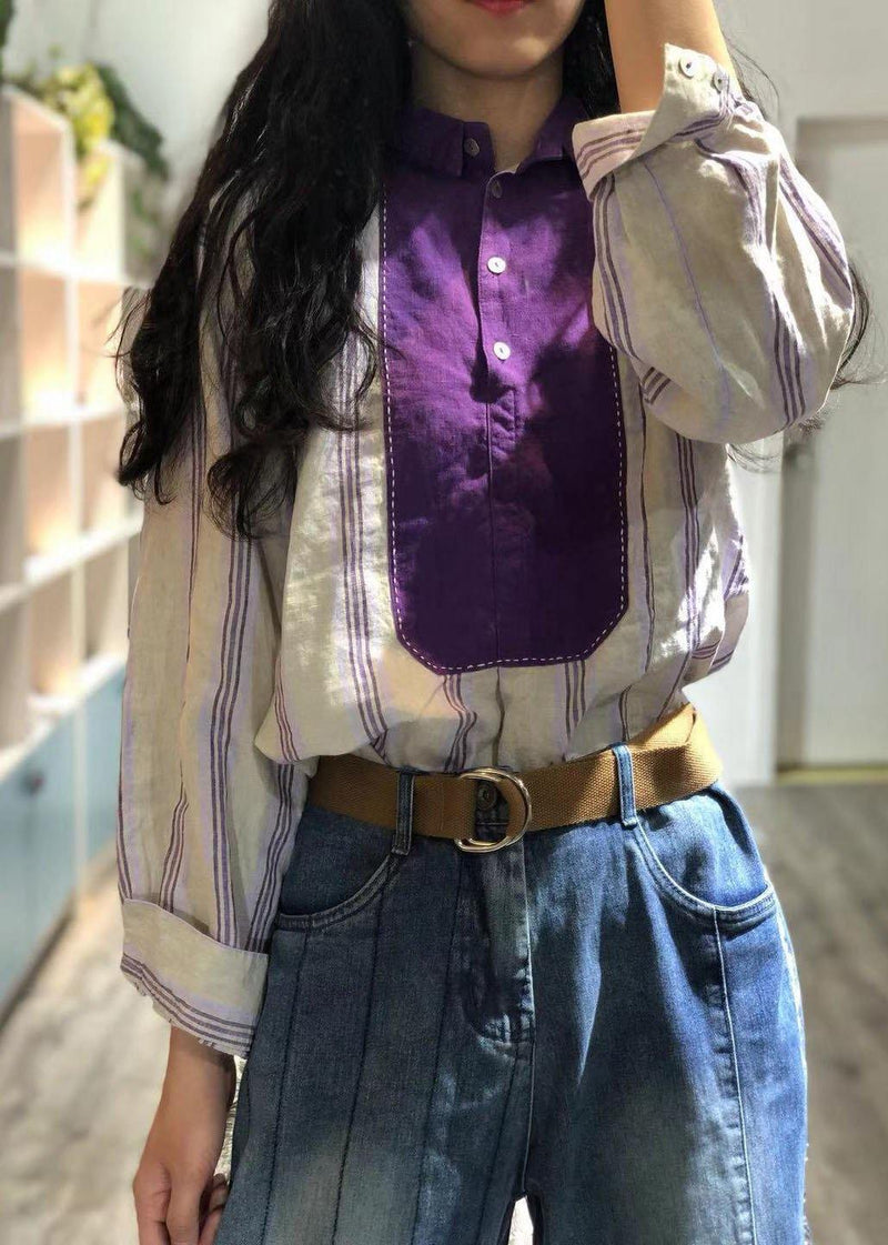French Purple Striped Linen Tunics for Patchwork Loose Fall Tops