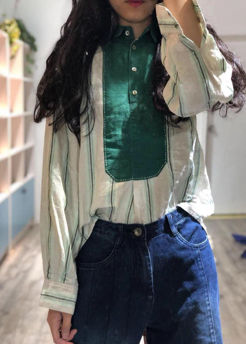 French Purple Striped Linen Tunics for Patchwork Loose Fall Tops