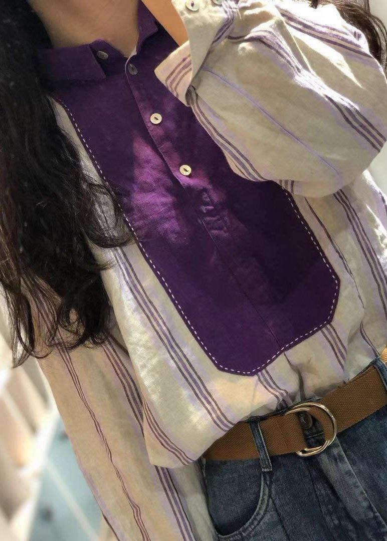 French Purple Striped Linen Tunics for Patchwork Loose Fall Tops
