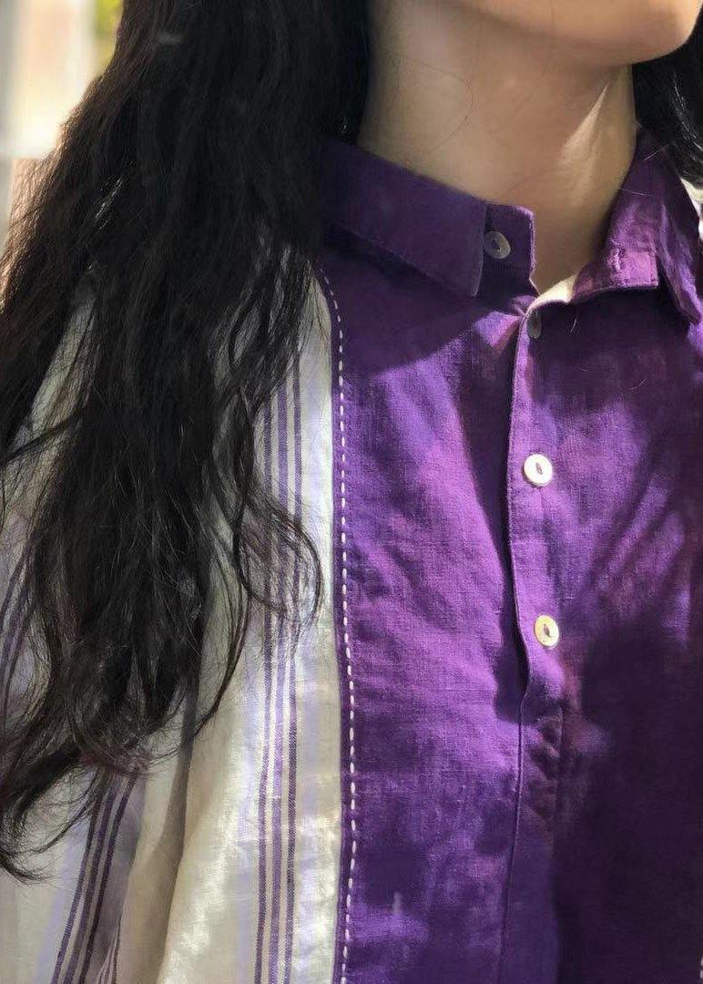 French Purple Striped Linen Tunics for Patchwork Loose Fall Tops