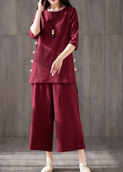 French Red Cotton Clothes for Fitted Linen Wide Leg Pants Two Pieces Maxi O Neck Chinese Button Tops
