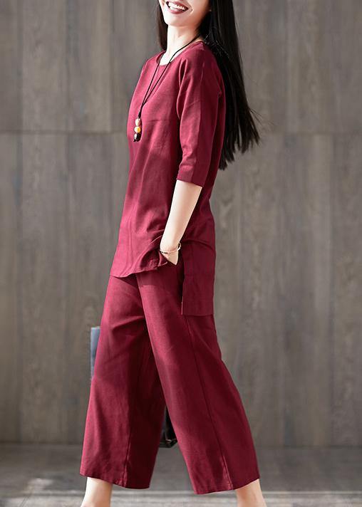 French Red Cotton Clothes for Fitted Linen Wide Leg Pants Two Pieces Maxi O Neck Chinese Button Tops