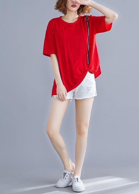 French Red Cotton O Neck Zippered Dresses Summer Shirts
