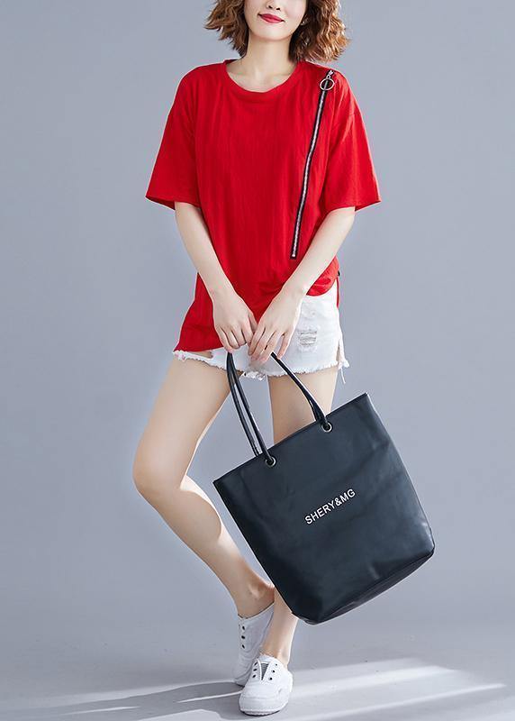French Red Cotton O Neck Zippered Dresses Summer Shirts