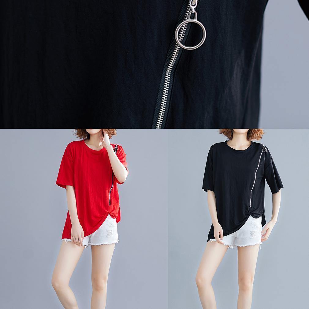 French Red Cotton O Neck Zippered Dresses Summer Shirts