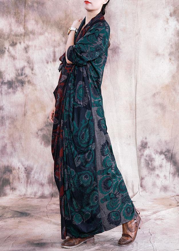 French Red Patchwork Green Print Cotton Tunic V Neck Cinched Long Fall Dresses