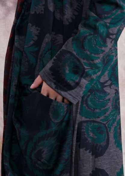 French Red Patchwork Green Print Cotton Tunic V Neck Cinched Long Fall Dresses