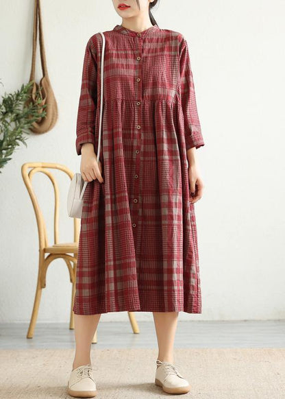 French Red Plaid Cotton Linen Quilting Clothes Stand Collar Cinched Art Dress