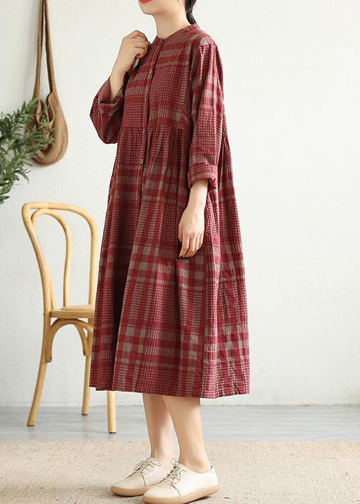 French Red Plaid Cotton Linen Quilting Clothes Stand Collar Cinched Art Dress