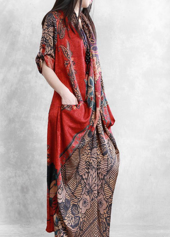 French Red Print Clothes for V Neck Patchwork Dresses